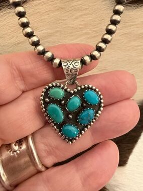❤️ Kingman Turquoise Heart Cluster Sterling Silver Statement 8G Pendant 1.36”L